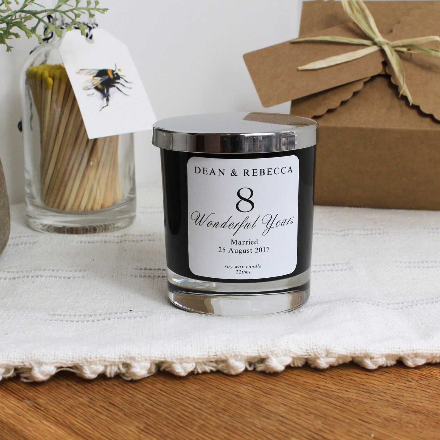 Personalised anniversary candle with couple’s names, wedding date, and ‘Wonderful Years’ design – Hideaway Home Fragrances