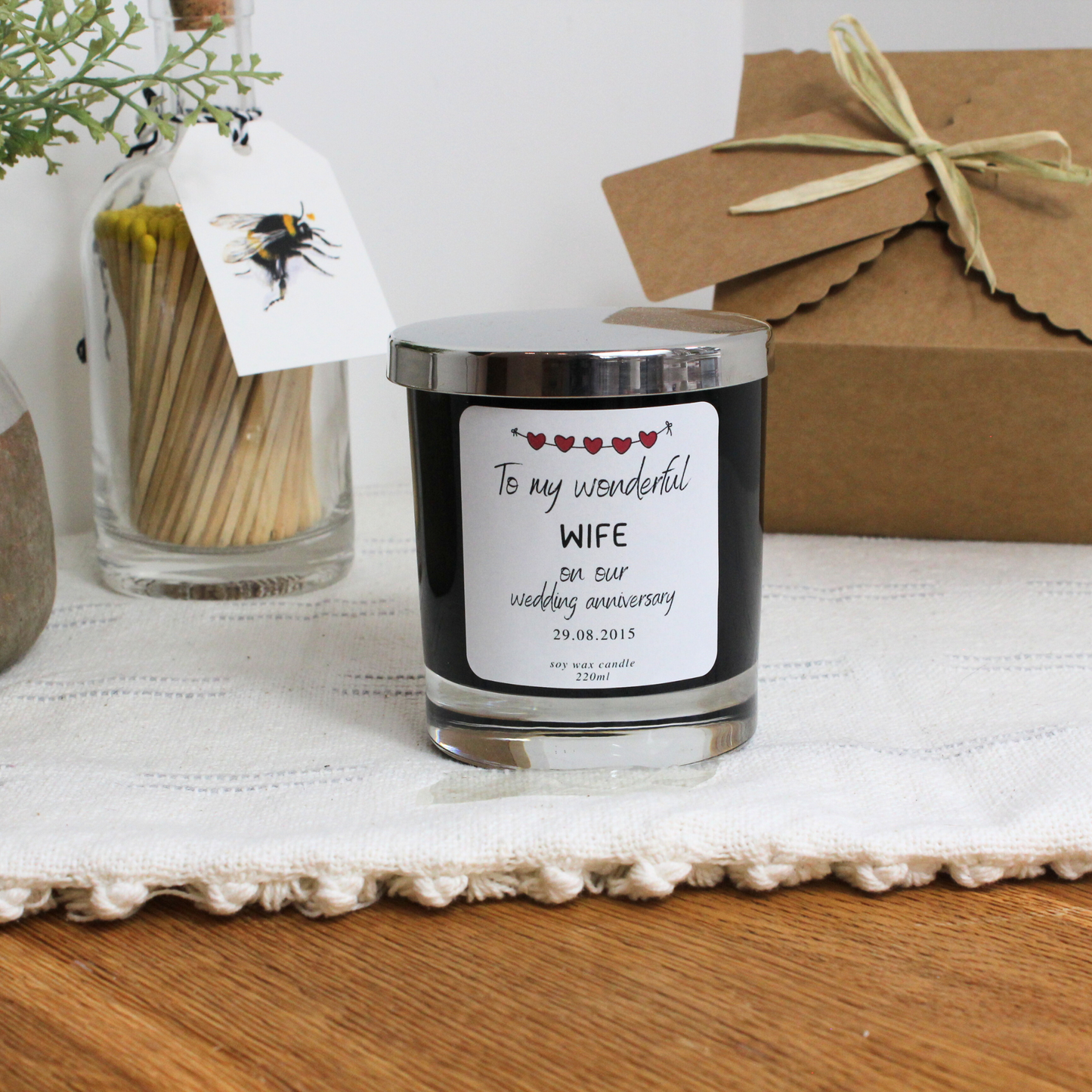 Personalised anniversary candle in black glass with custom date – elegant gift for wife - Hideaway Home Fragrances