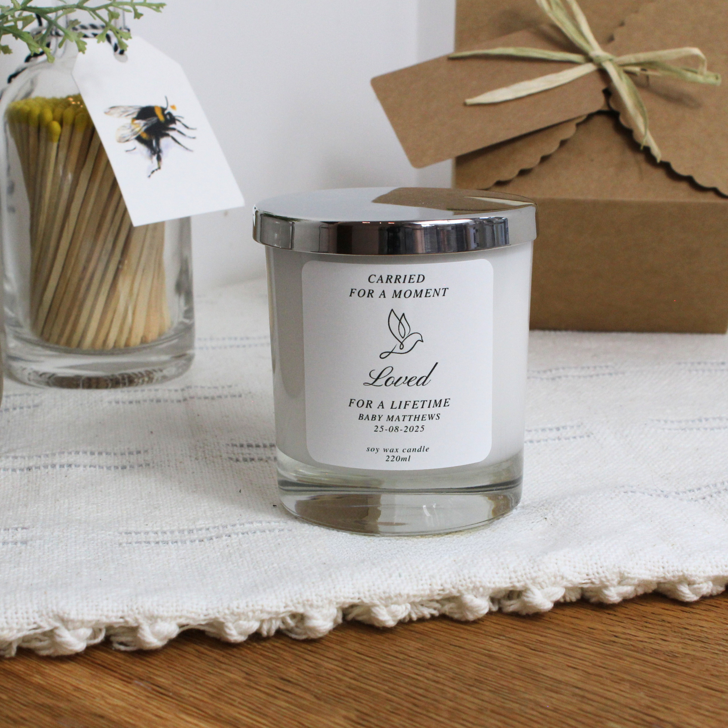 Personalised baby loss candle with carried for a moment loved for a lifetime quote – Hideaway Home Fragrances