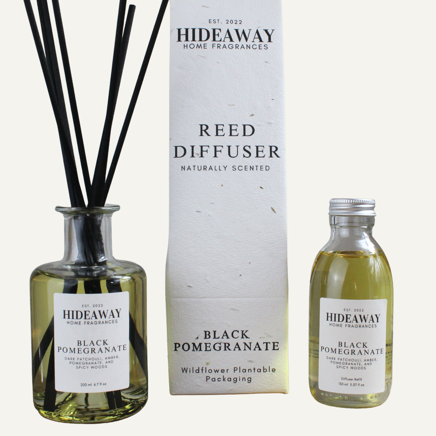 Elegant Black Pomegranate Reed Diffuser – Opulent Exotic Sensual Home Scent with Cedarwood and Spices | Hideaway Home Fragrances