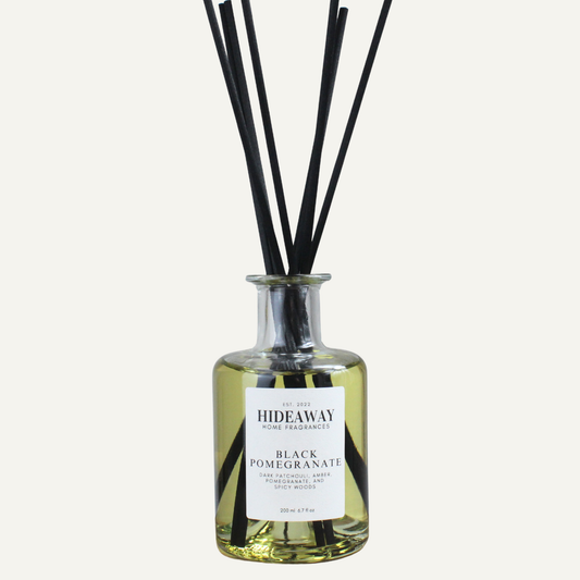 Black Pomegranate Reed Diffuser – Opulent Exotic Sensual Home Fragrance with Juicy Pomegranate and Spiced Woods | Hideaway Home Fragrances