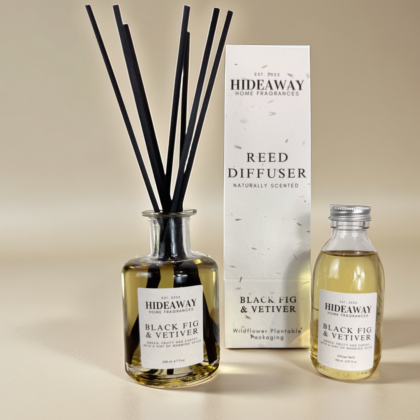 Luxury reed diffuser refill featuring black fig, oak moss, amber, and cedarwood – Hideaway Home Fragrances