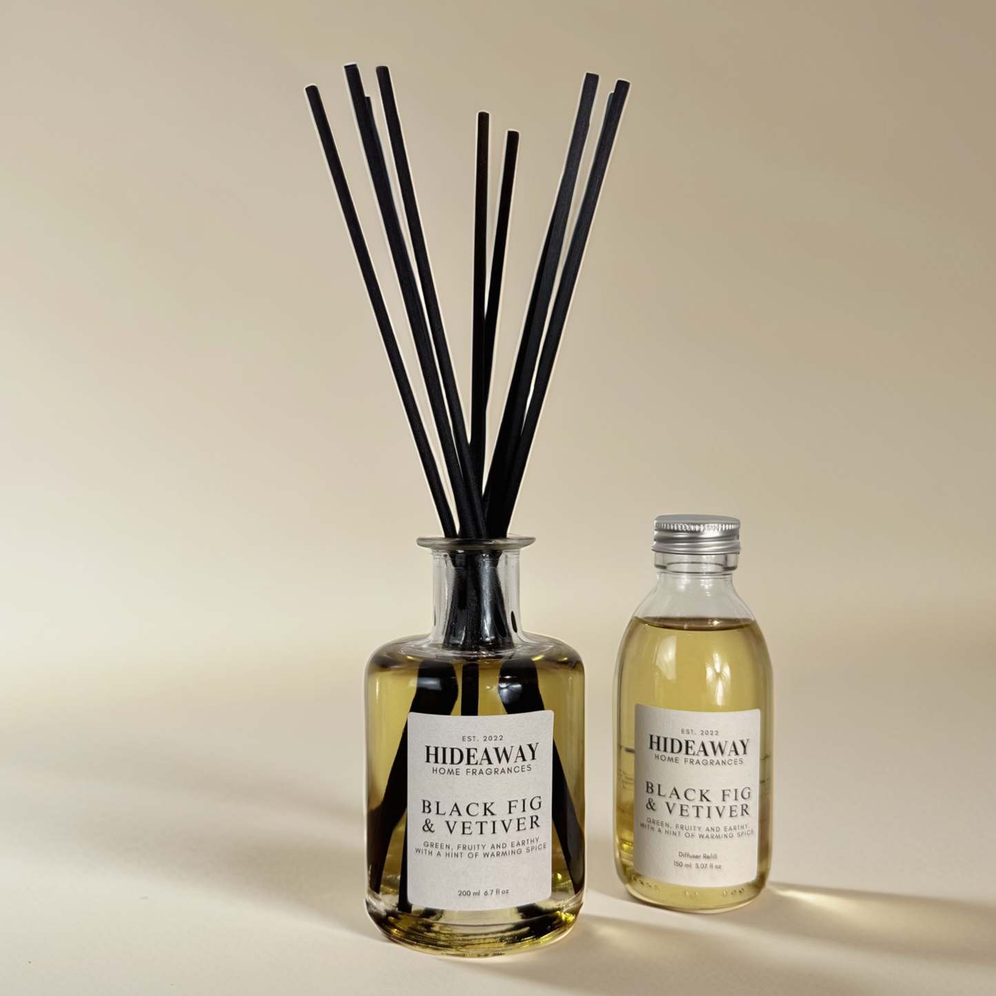 Refined reed diffuser refill – rich fig aroma blended with moss, amber, and cedarwood – Hideaway Home Fragrances
