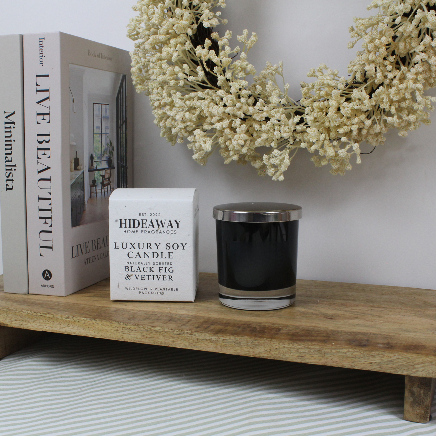 Long-lasting 220ml Black Fig & Vetiver Candle offering up to 50 hours of refined fragrance – Hideaway Home Fragrances