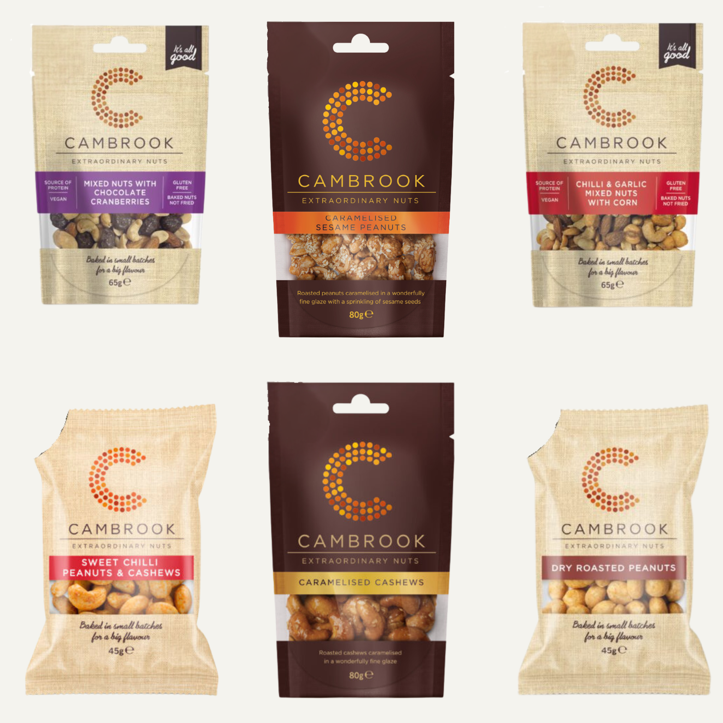 Cambrooks gourmet savoury nuts, oven-baked not fried, expertly roasted and seasoned with signature herbs and spices for refined snacking