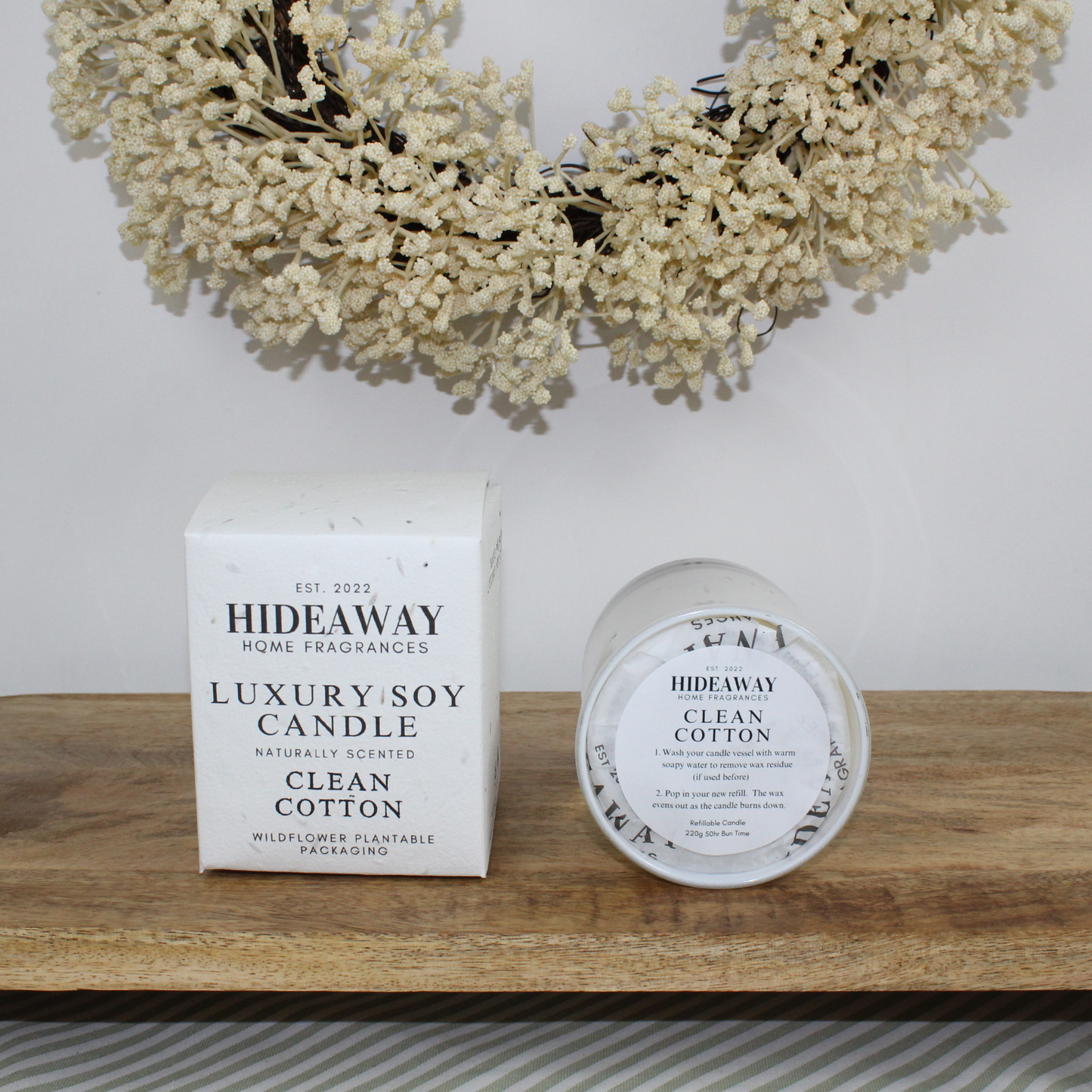 Refined Clean Cotton Candle with clean linen scent, soft florals, and grounding musk for airy serenity – Hideaway Home Fragrances