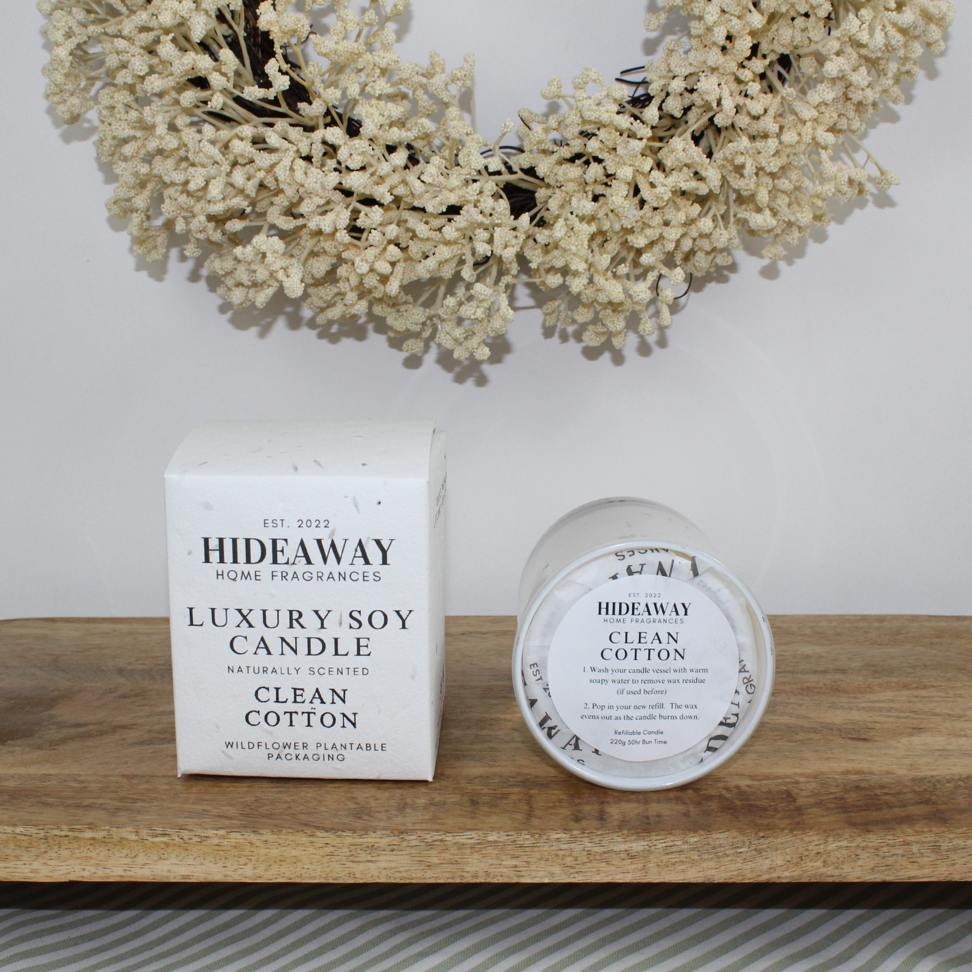 Refined Clean Cotton Candle with clean linen scent, soft florals, and grounding musk for airy serenity – Hideaway Home Fragrances