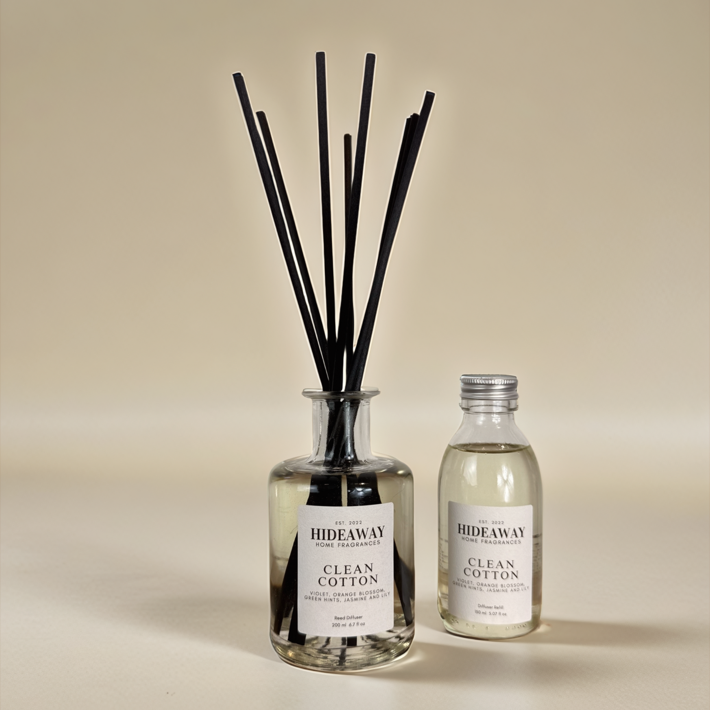 Elegant reed diffuser featuring white musk, eucalyptus, and powdery base – Hideaway Home Fragrances