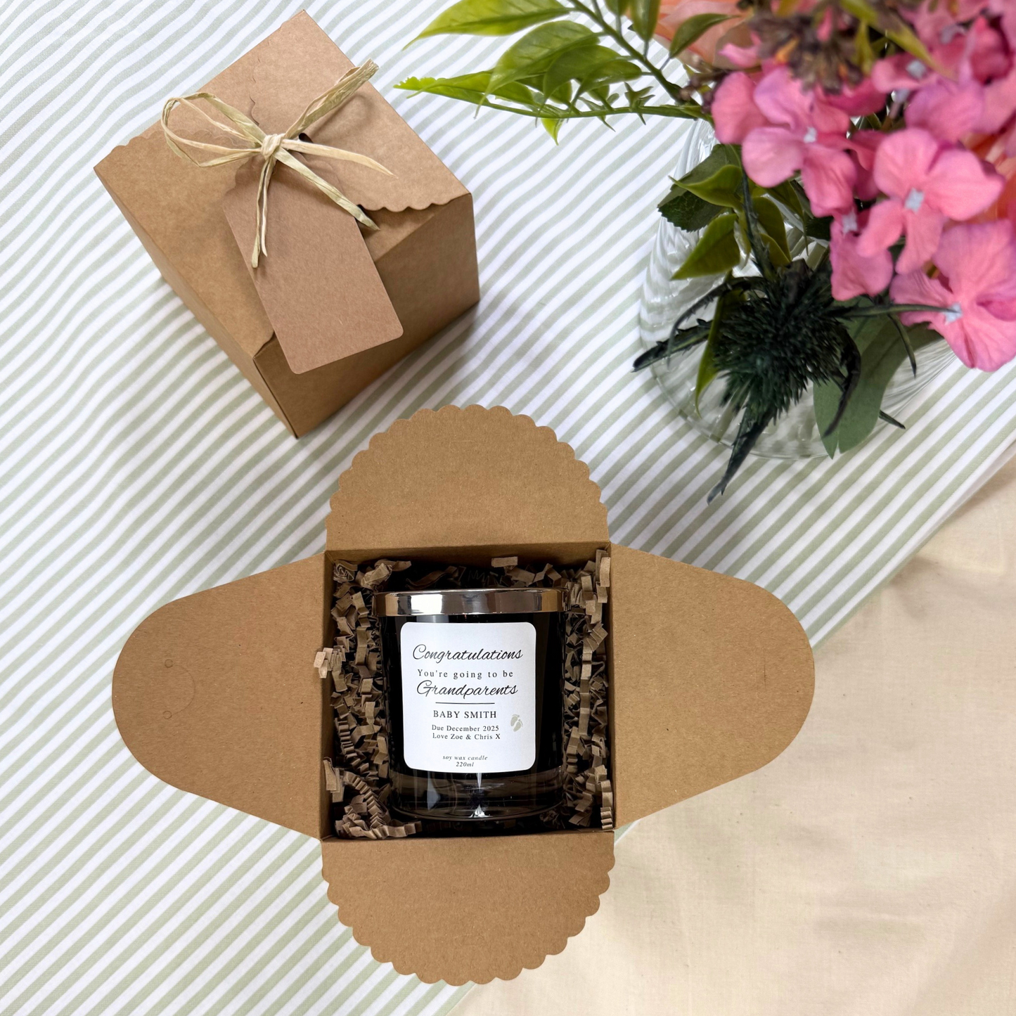 Charming keepsake candle featuring baby’s surname and due date for new grandparents – Hideaway Home Fragrances