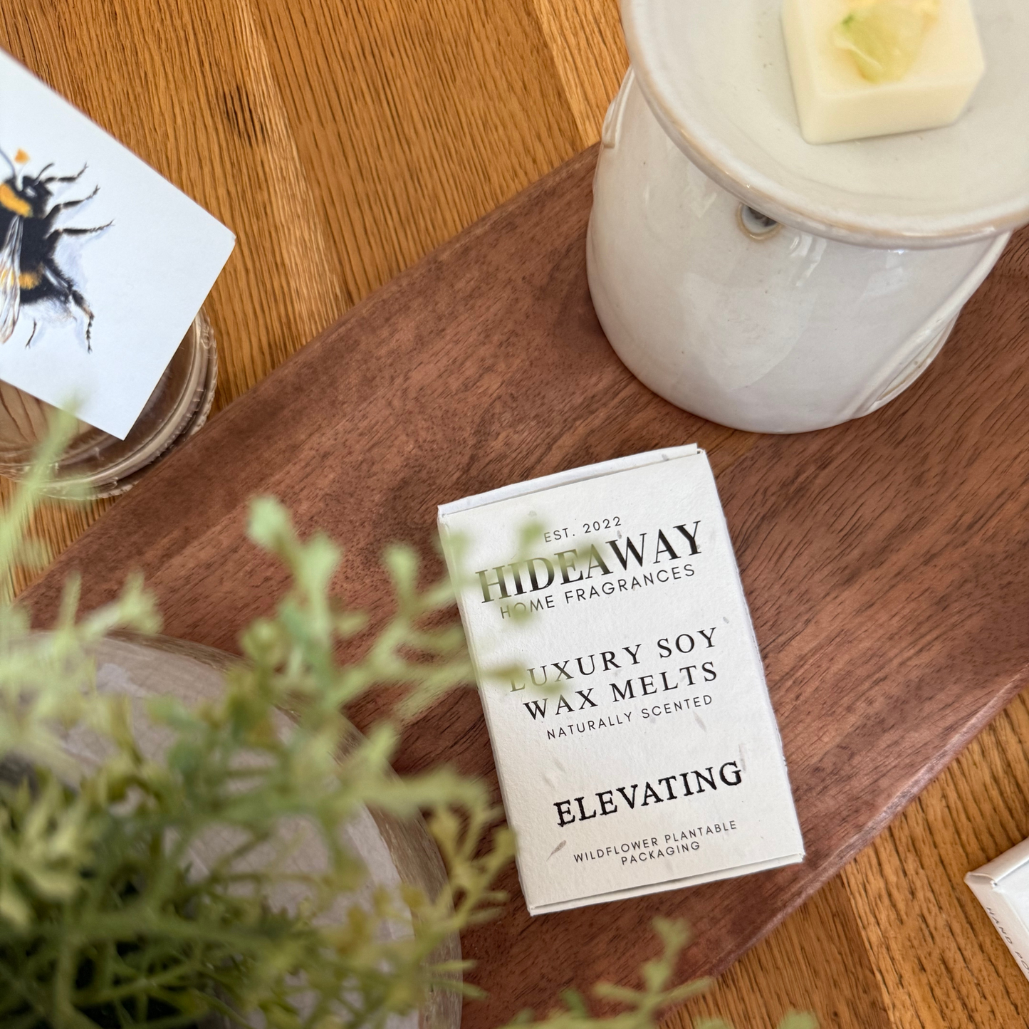 Six large Elevating soy wax melts with uplifting, revitalising, and aromatherapeutic notes of bergamot, lime, lavender, and rosemary – Hideaway Home Fragrances