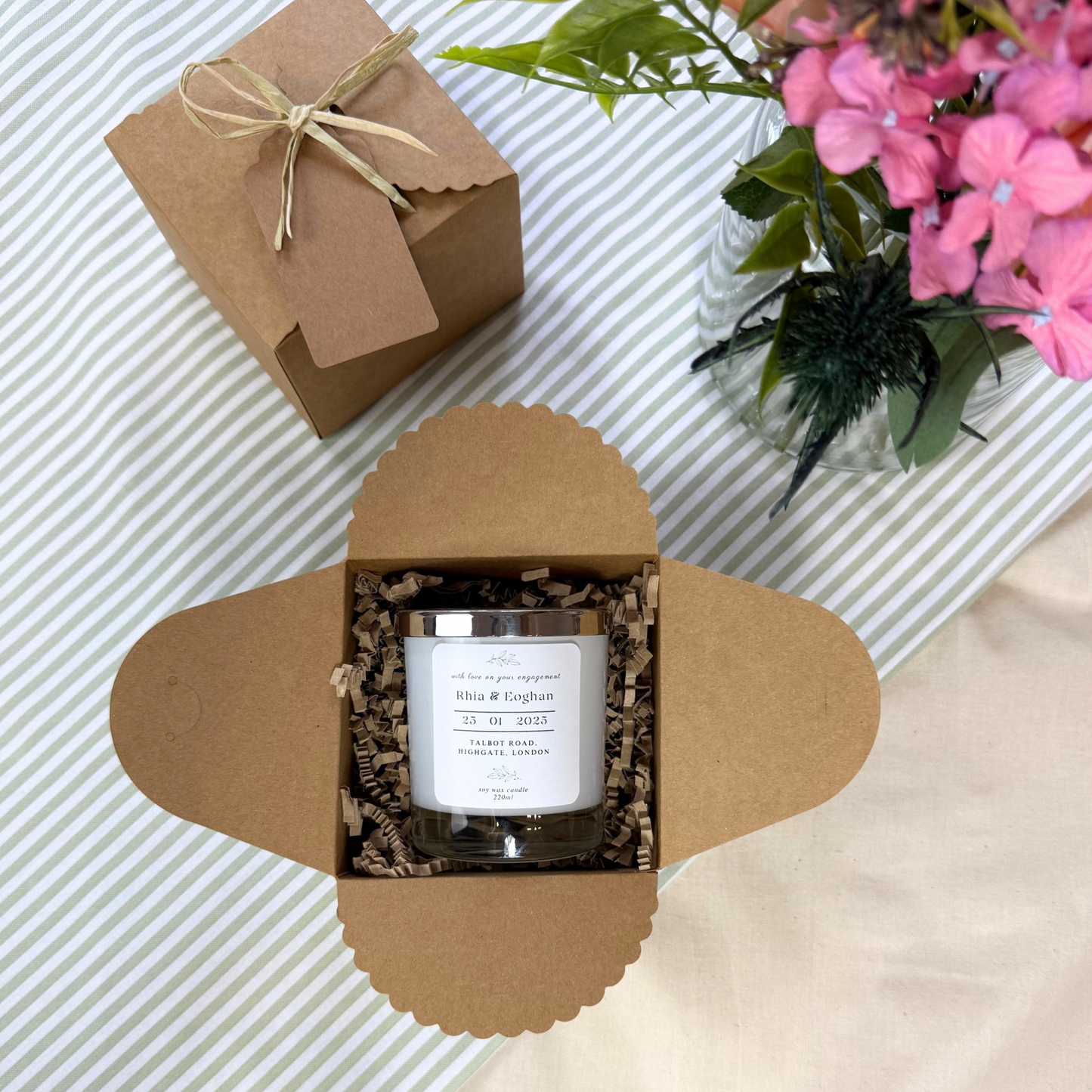 Elegant personalised engagement candle keepsake with delicate leaf illustration – Hideaway Home Fragrances