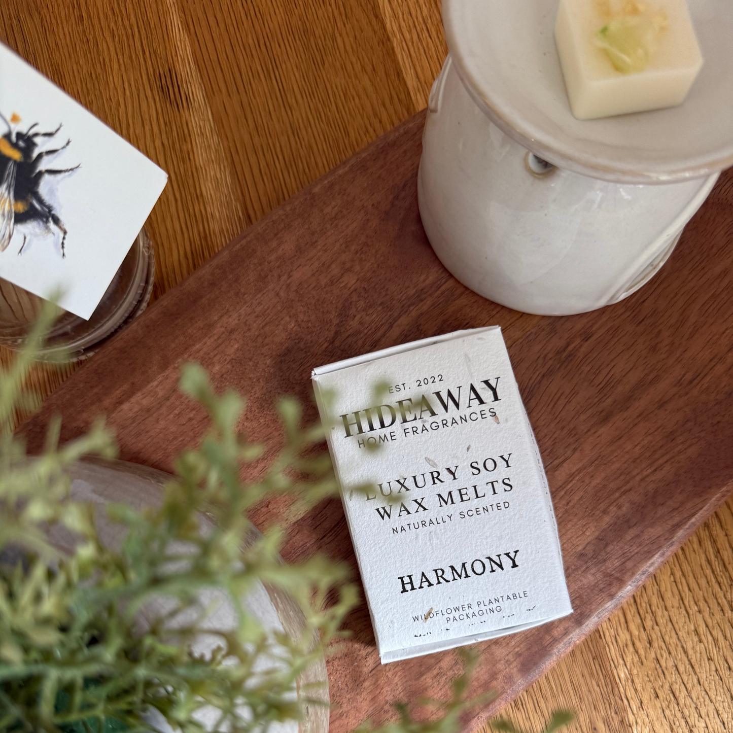 Six large Harmony soy wax melts with herbal, cool, and tranquil notes of eucalyptus, lavender, peppermint, and frankincense – Hideaway Home Fragrances