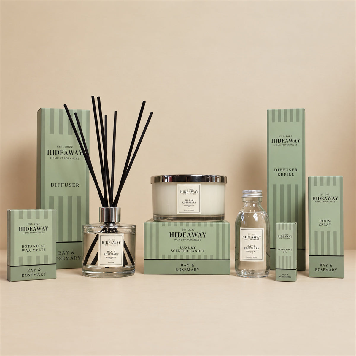 Bay & Rosemary fragrance collection with reed diffuser, triple-wick candle, room spray and wax melts, scented with citrus, bay leaf, pine, lavender and rosemary – Hideaway Home Fragrances