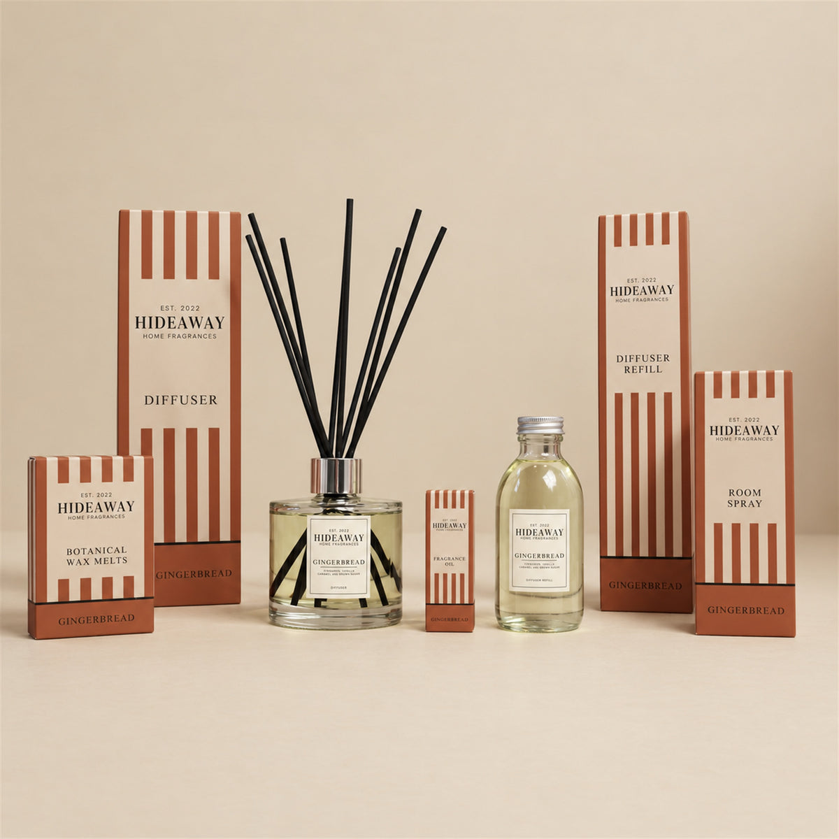 Hideaway Home Fragrances gingerbread collection including diffusers, candles, wax melts, sprays, and oils
