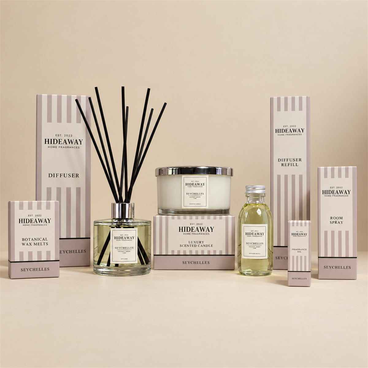 Hideaway Home Fragrances seychelles collection including diffusers, candles, wax melts, sprays, and oils