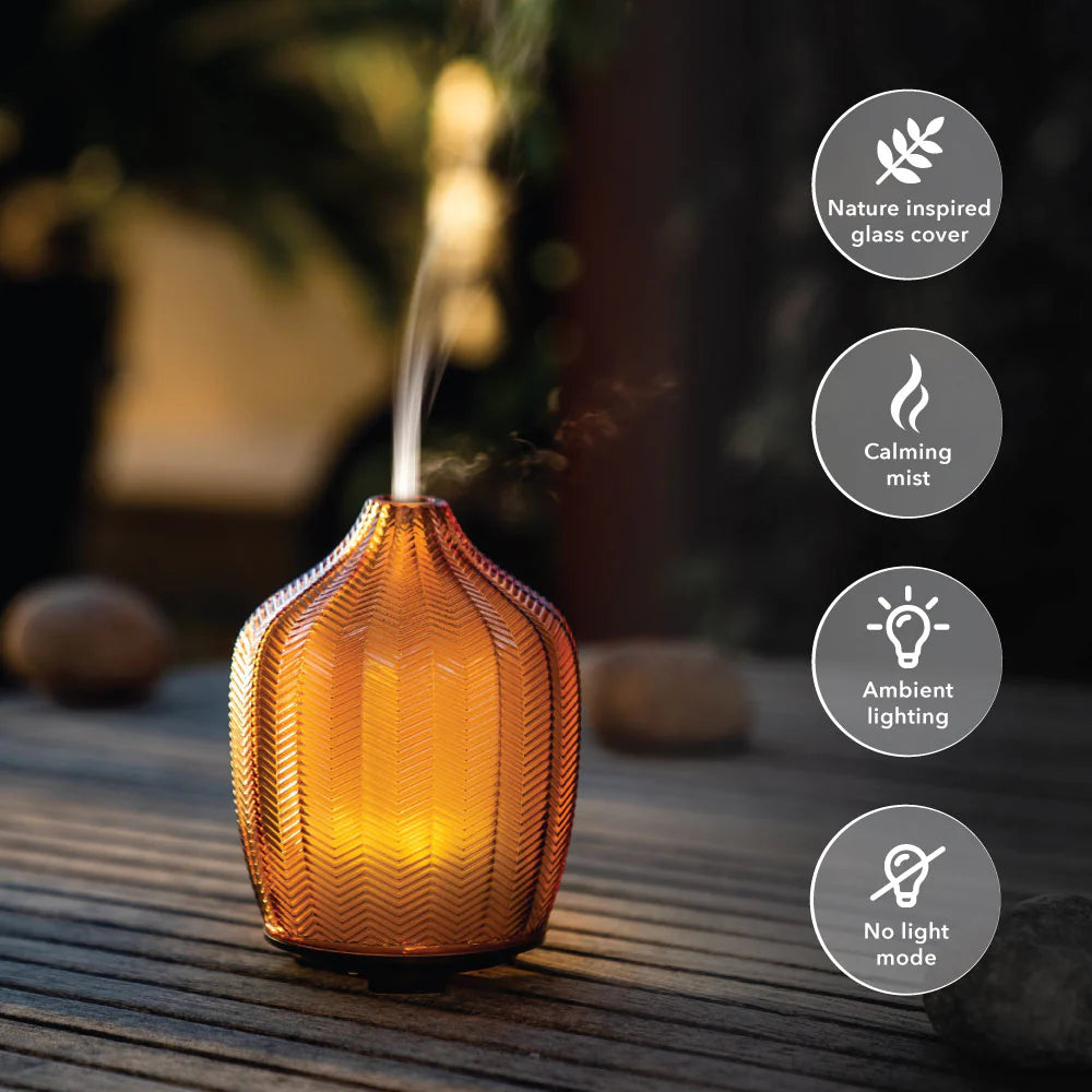 Elegant Fern Glass Aroma Diffuser releasing calming mist and ambient glow for relaxation and tranquillity – Hideaway Home Fragrances