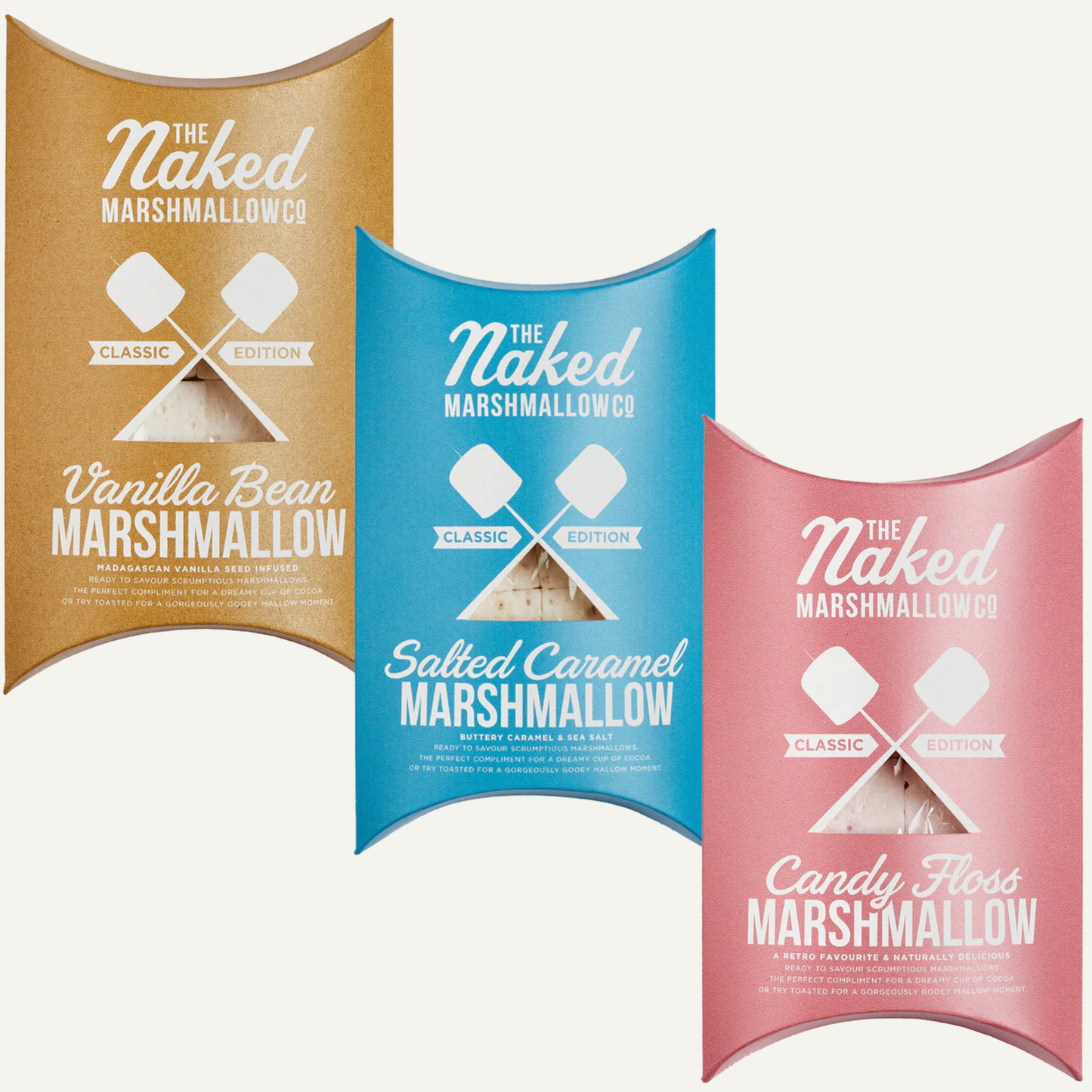 Three packages of The Naked Marshmallow Co. marshmallows in vanilla bean, salted caramel, and candy floss flavors on a white background.