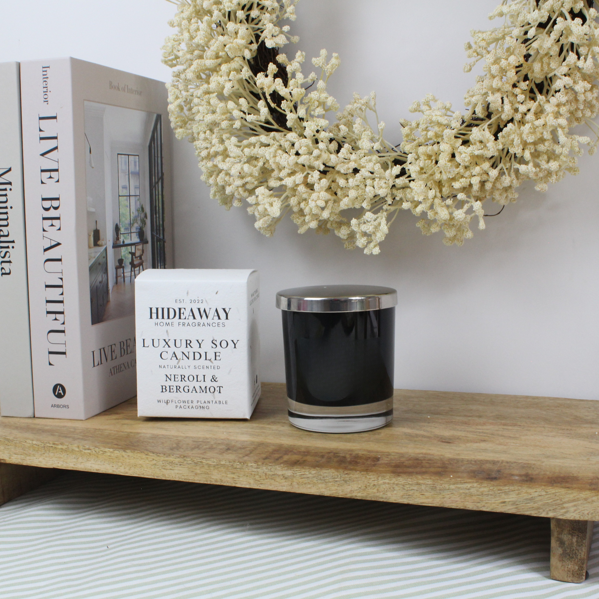 Refined Neroli & Bergamot Candle combining floral neroli, crisp bergamot, and grounding vetiver – Hideaway Home Fragrances
