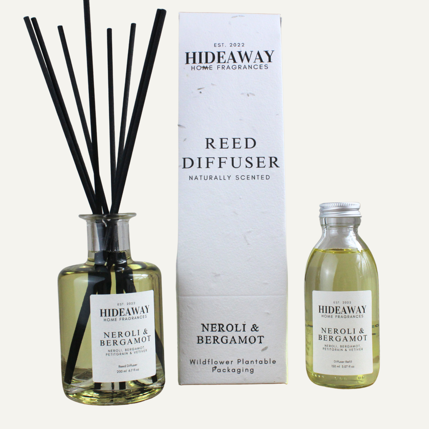 Elegant Neroli and Bergamot Reed Diffuser – Uplifting Energising Refreshing Fragrance for a Bright, Calm Home | Hideaway Home Fragrances