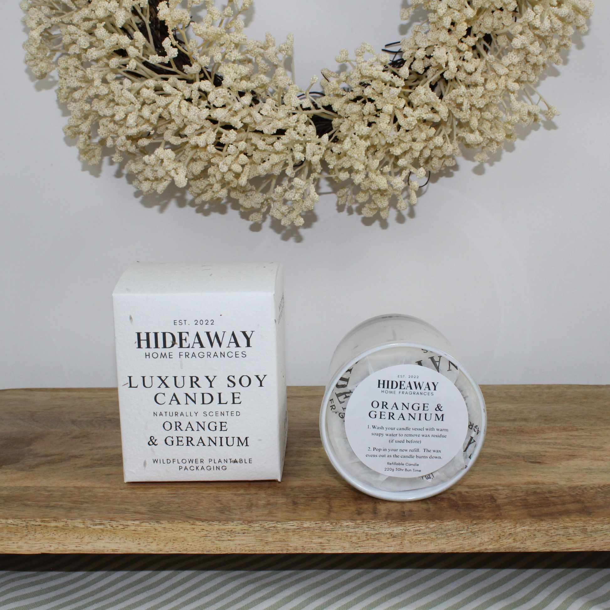 Bright and calming Orange & Geranium Candle blending citrus, floral geranium, and earthy vetiver – Hideaway Home Fragrances