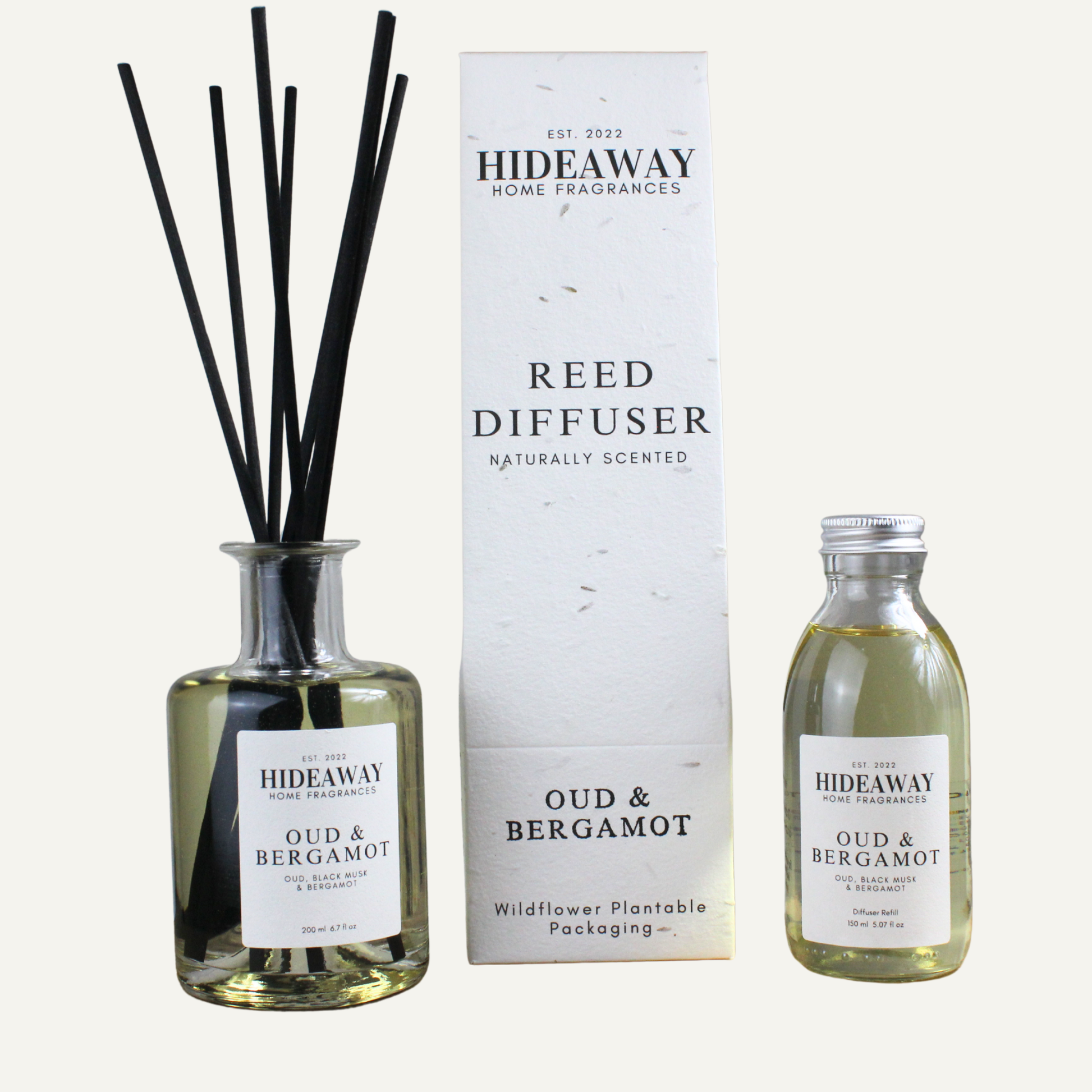 Elegant Oud and Bergamot Reed Diffuser – Smoky Spiced Sophisticated Home Scent with Citrus and Clove | Hideaway Home Fragrances