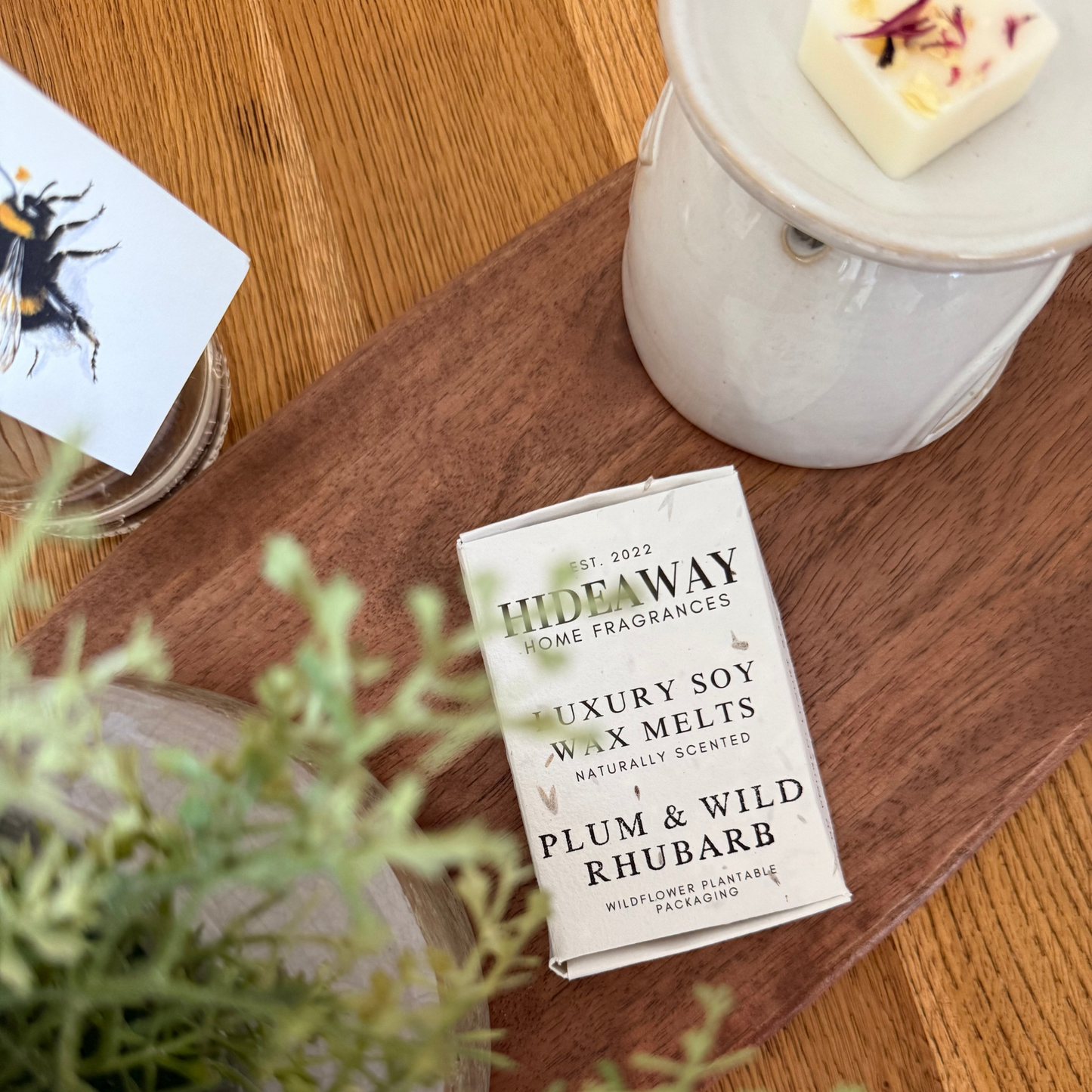 Six beautifully scented Plum & Wild Rhubarb soy wax melts featuring bold, bright, and sweet aromas of sun-ripened plum and wild rhubarb – Hideaway Home Fragrances