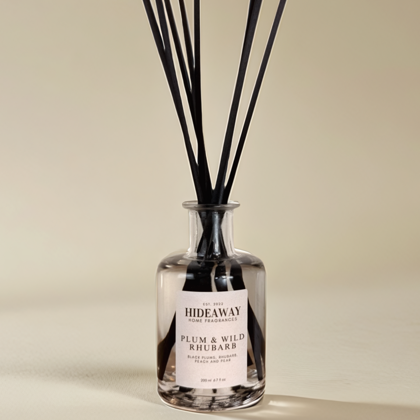 Plum & Wild Rhubarb Reed Diffuser with fruity, uplifting scent in 200ml bottle - Hideaway Home Fragrances
