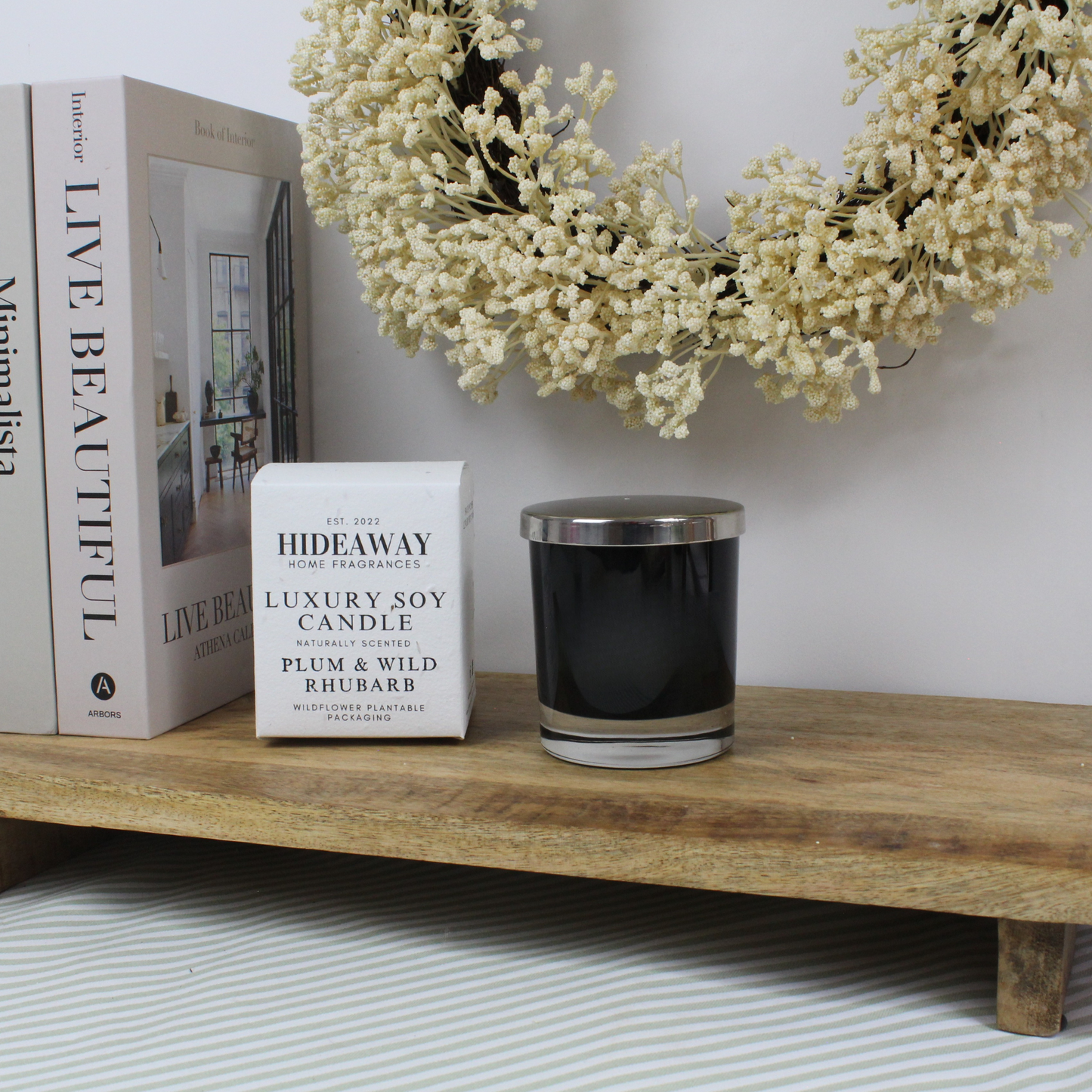 Bold and fruity Plum & Wild Rhubarb Candle with crushed berries, cedarwood, and soft vanilla for home luxury – Hideaway Home Fragrances