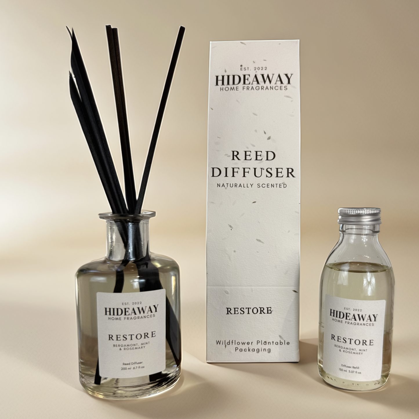 Balanced reed diffuser blend with crisp citrus, herbs, and woody undertones – Hideaway Home Fragrances
