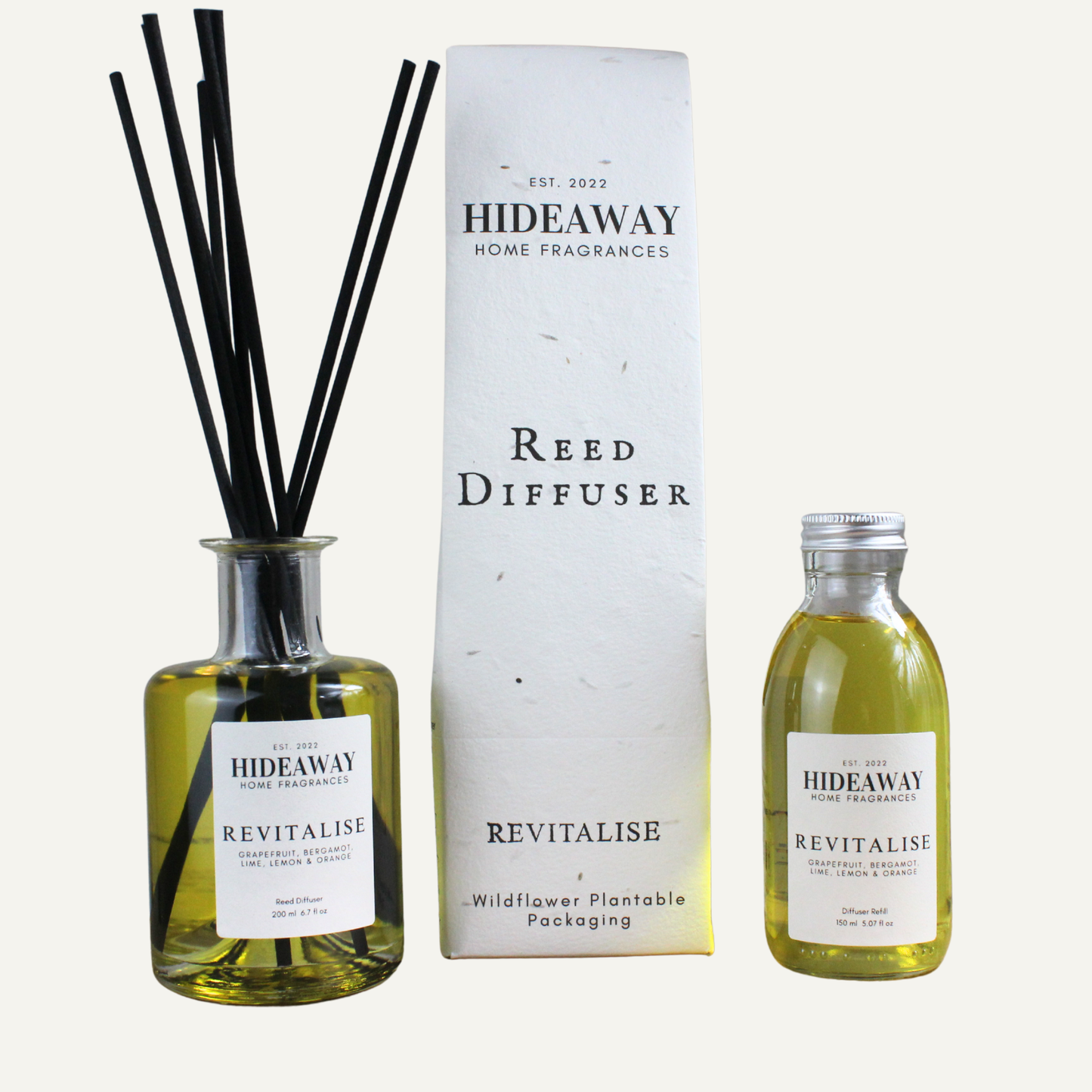 Elegant Revitalise Reed Diffuser – Citrusy Energising Uplifting Fragrance for Bright, Focused Spaces | Hideaway Home Fragrances
