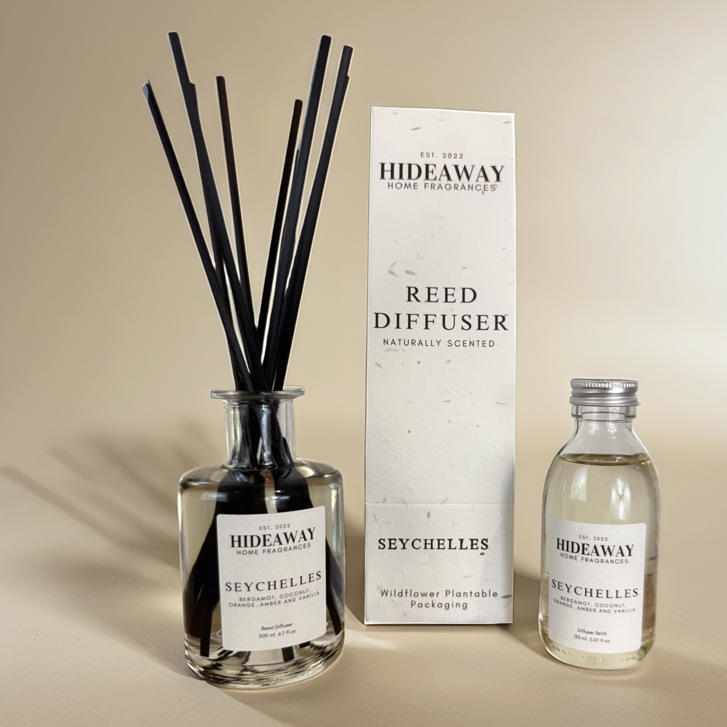 Citrusy and tropical Seychelles reed diffuser – elegant home scent with almond and vanilla base - Hideaway Home Fragrances