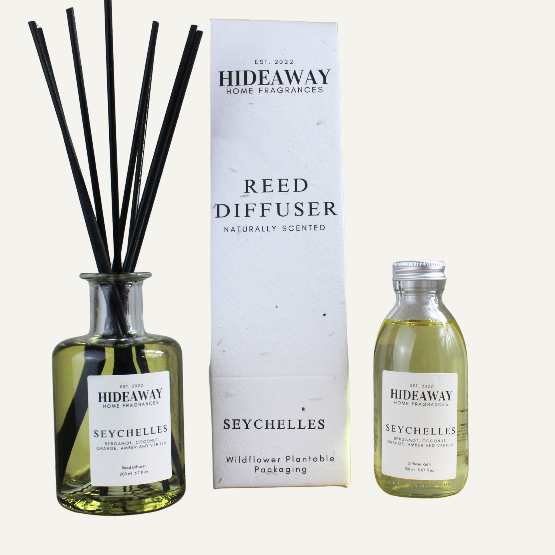 Elegant Seychelles Reed Diffuser – Citrusy Tropical Soothing Fragrance with Warm Amber and Vanilla Notes | Hideaway Home Fragrances