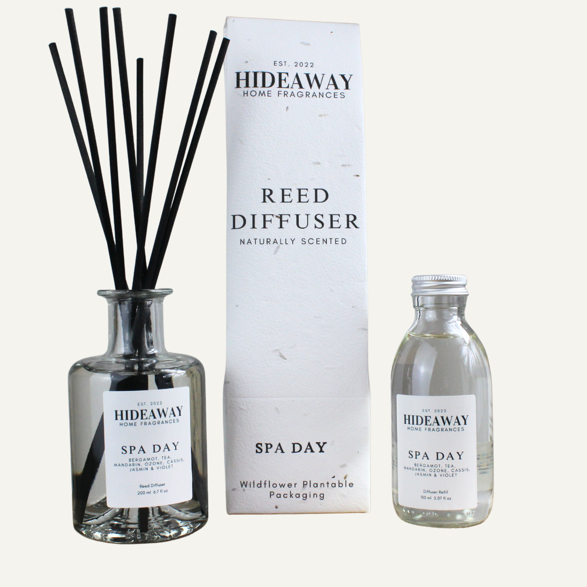Elegant Spa Day Reed Diffuser – Fresh Herbal Calming Scent with Coastal Notes and Soft Woods | Hideaway Home Fragrances