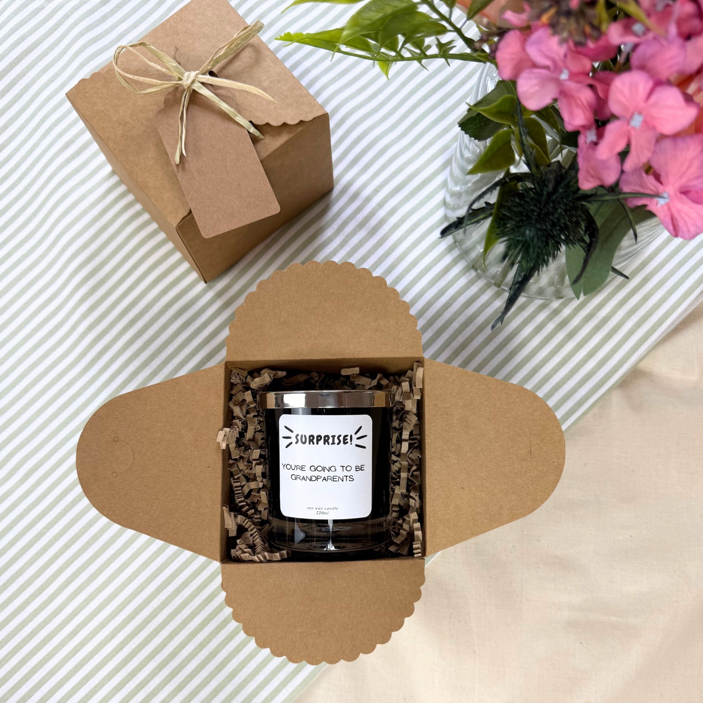 Playful personalised candle to share happy news with grandparents-to-be – Hideaway Home Fragrances