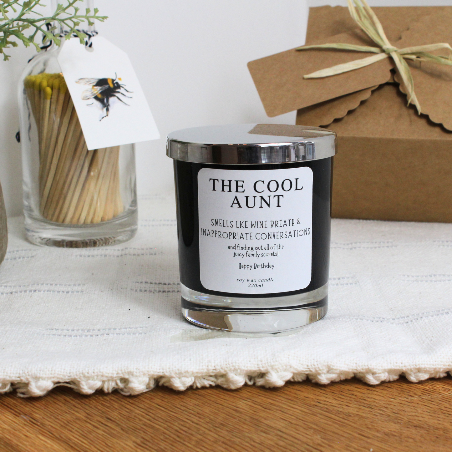 Personalised birthday candle for aunt with humorous ‘Smells Like Wine & Inappropriate Conversations’ design – Hideaway Home Fragrances