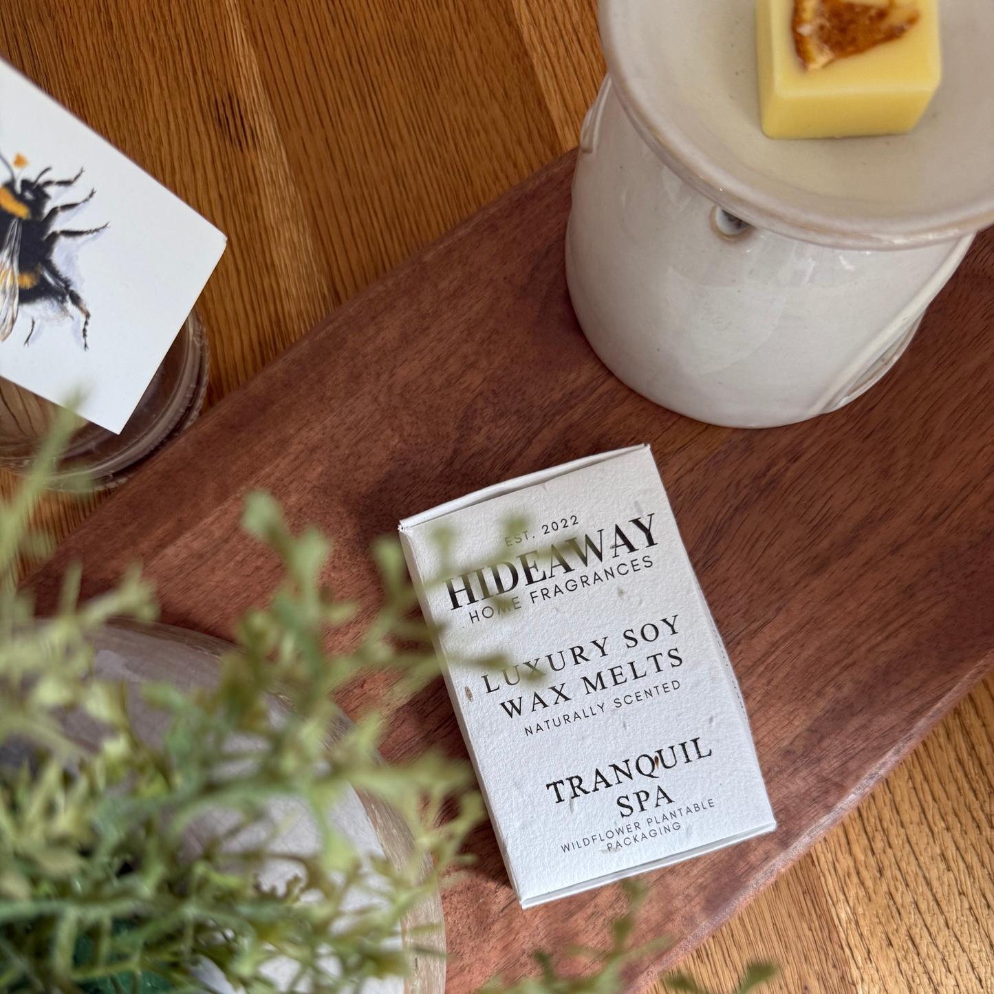 Six large Tranquil Spa soy wax melts with soothing, refreshing, and uplifting notes of lime, mandarin, lavender, and soft woody undertones – Hideaway Home Fragrances