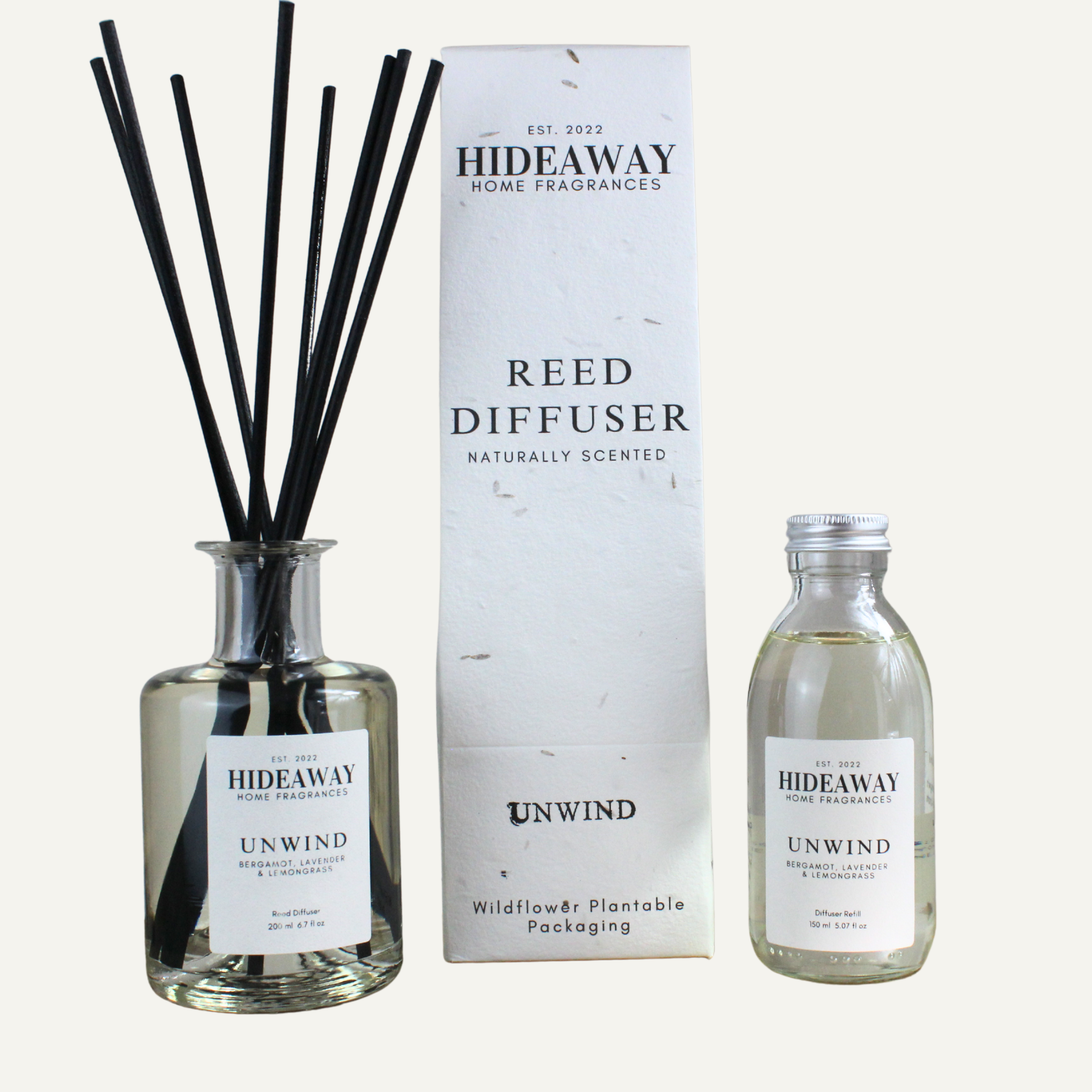 Elegant Unwind Reed Diffuser – Refreshing Calming Uplifting Fragrance to Restore Calm and Focus | Hideaway Home Fragrances