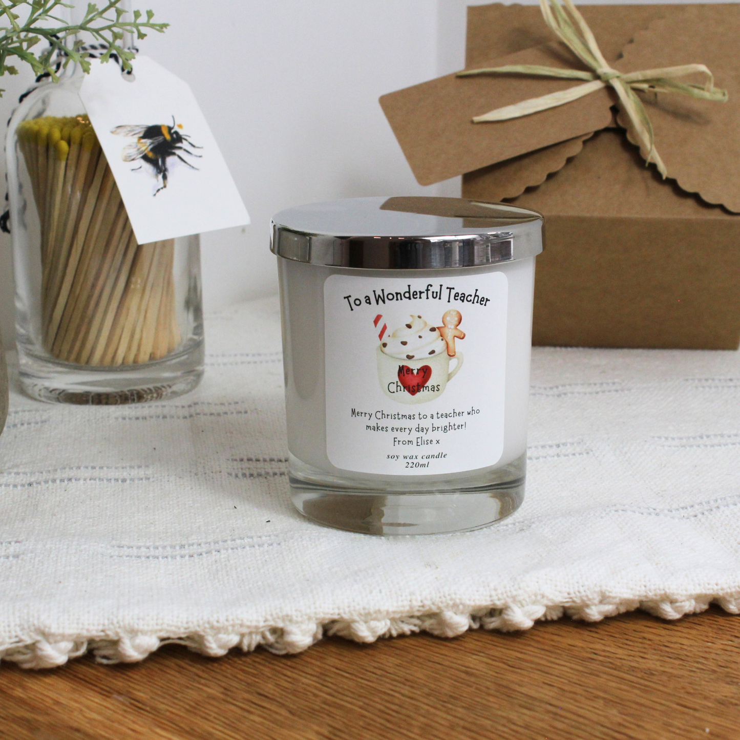 Personalised Christmas candle gift for a wonderful teacher with custom message – Hideaway Home Fragrances
