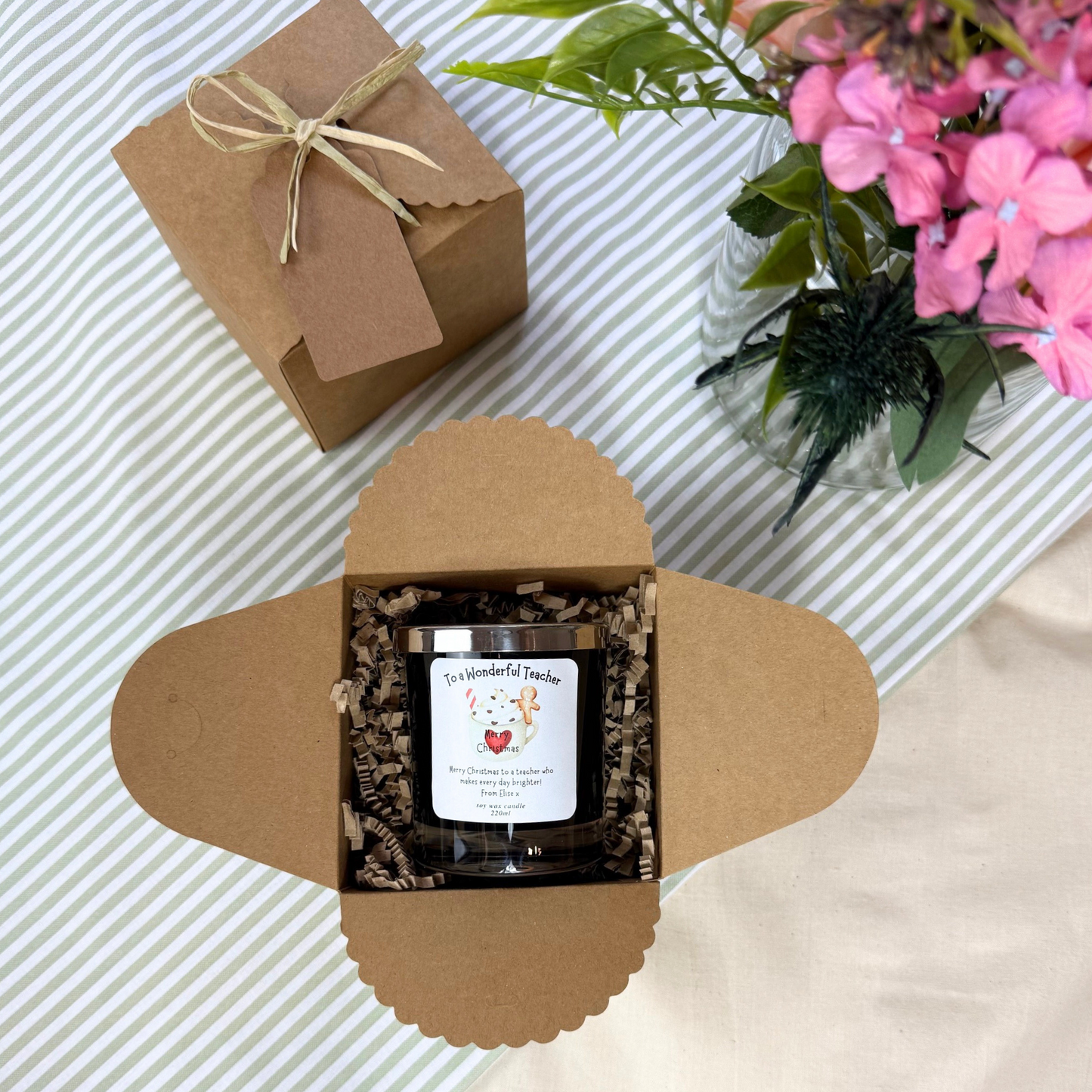 Unique Christmas candle gift with custom message to thank your teacher – Hideaway Home Fragrances