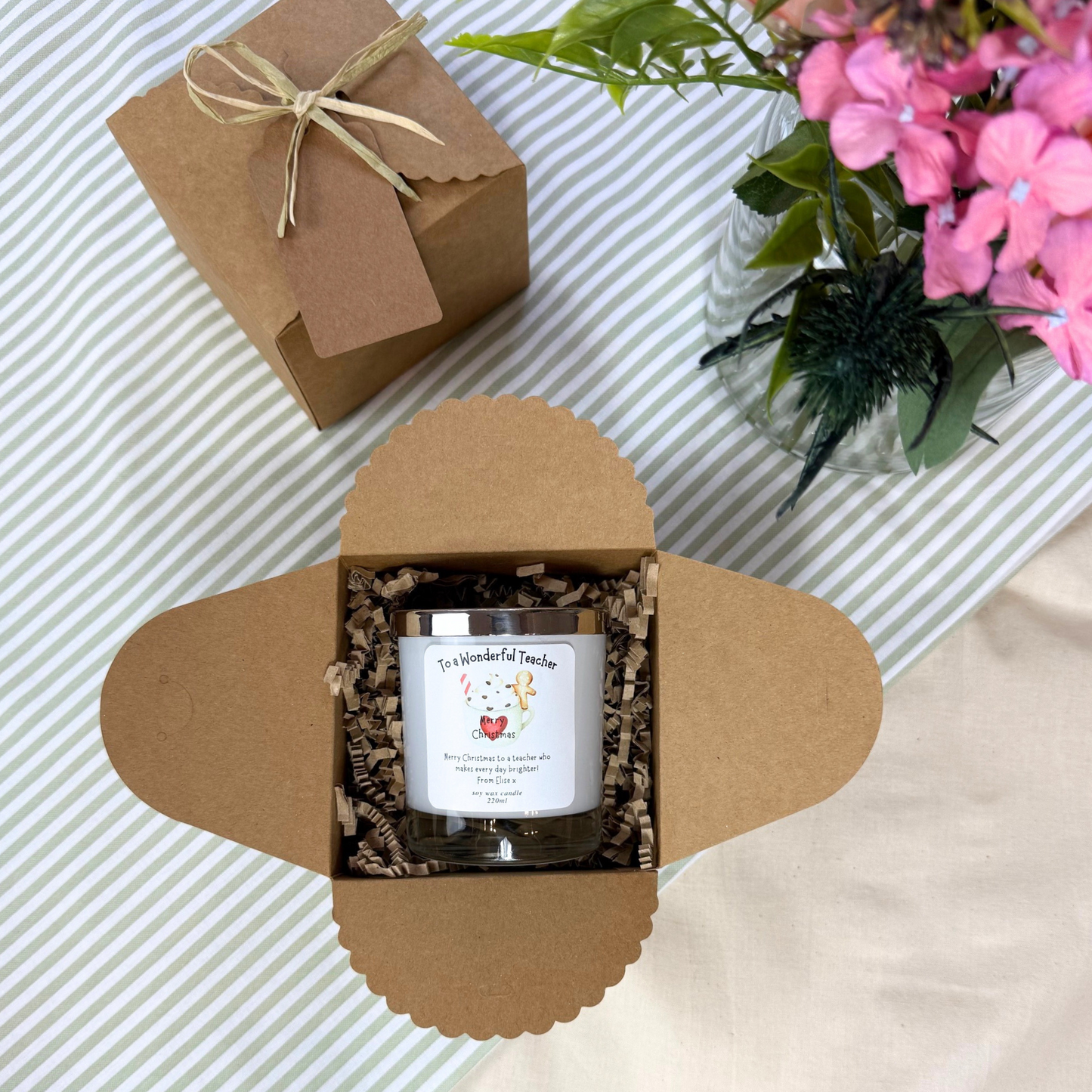 Elegant festive personalised candle keepsake for a special teacher – Hideaway Home Fragrances