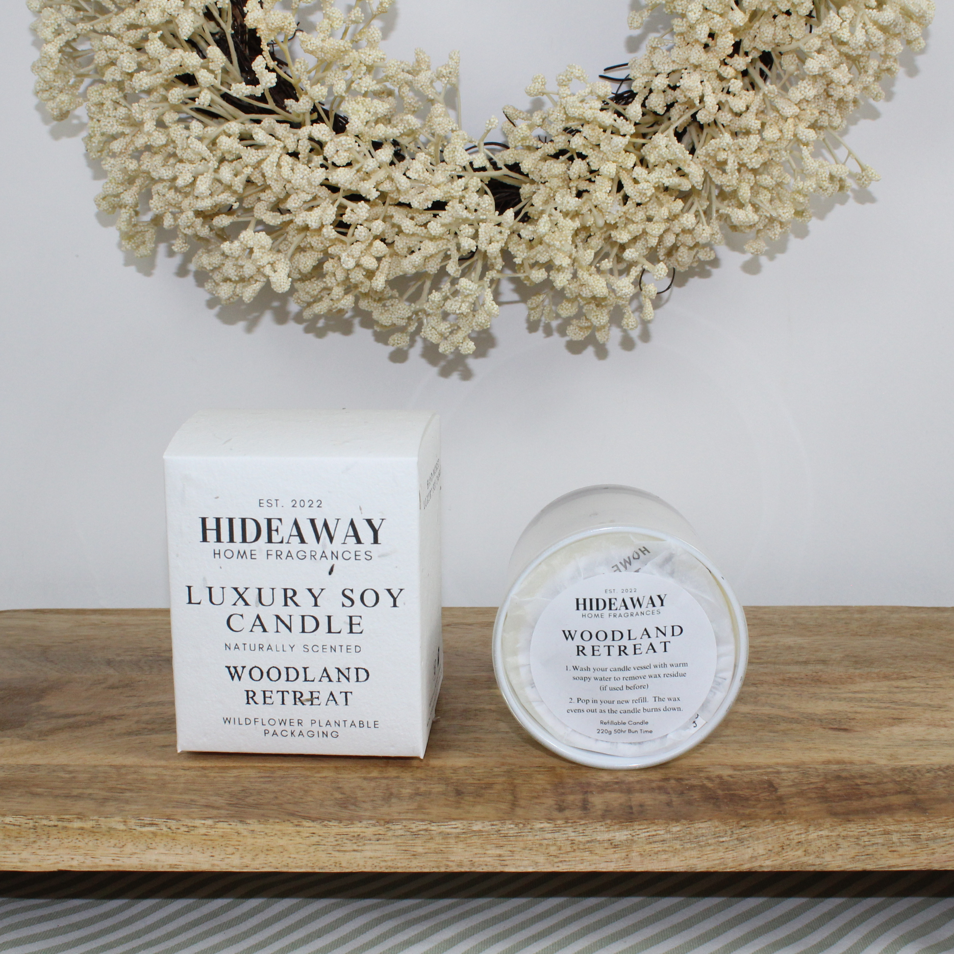 Calming Woodland Retreat Candle capturing fresh citrus, wildflowers, and grounding earthy notes – Hideaway Home Fragrances