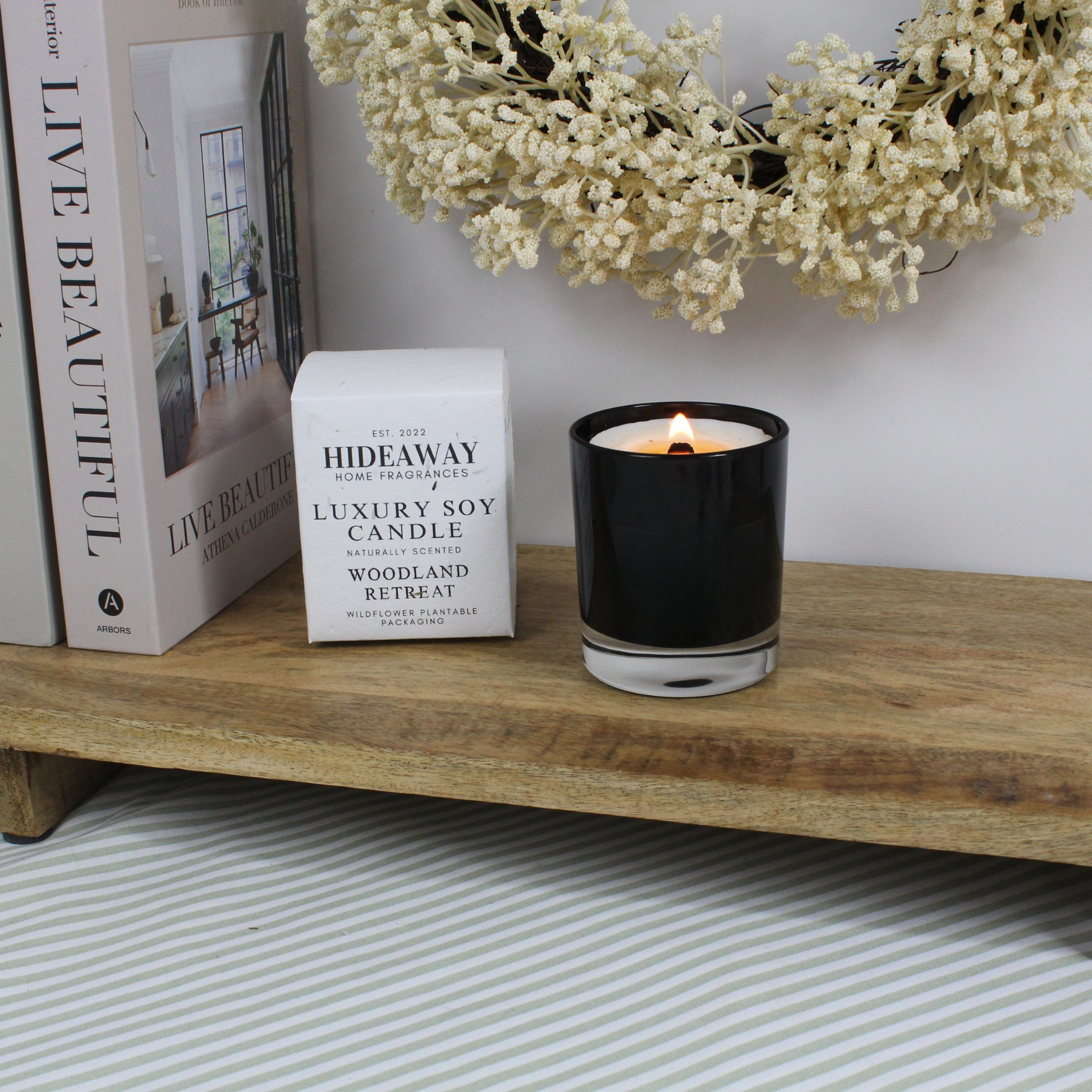 Luxury Woodland Retreat soy wax candle inspired by woodland paths, ferns, and sun-dappled trees – Hideaway Home Fragrances