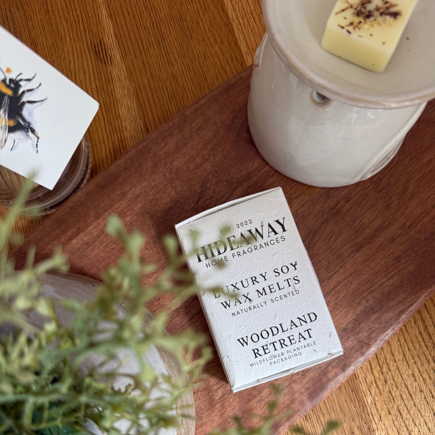 Six large soy wax melts with uplifting, floral, and grounding notes of sweet orange, ylang ylang, cedarwood, and sandalwood – Hideaway Home Fragrances