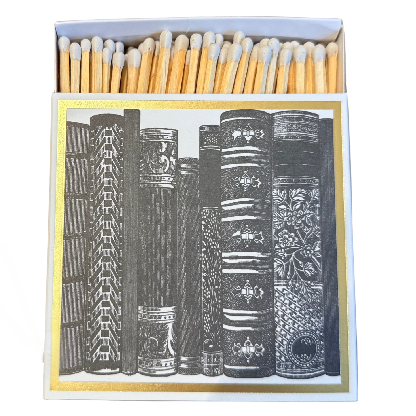 Luxury candle matchbox with illustrated books and gold foil detailing