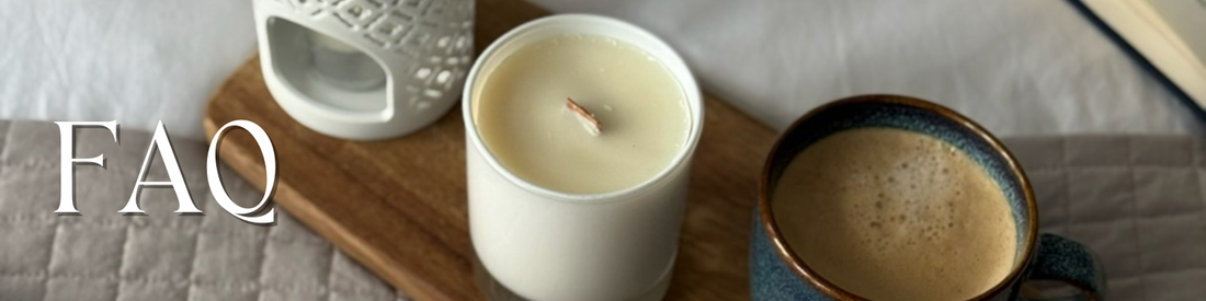 Most Commonly Asked Questions Candles Wax Melts Reed Diffusers & More with coffee and a candle on a wooden tray.
