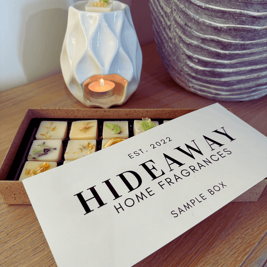 Essential Oil Soy Wax Melt Sample Box with 18 natural fragrance blends - Hideaway Home Fragrances