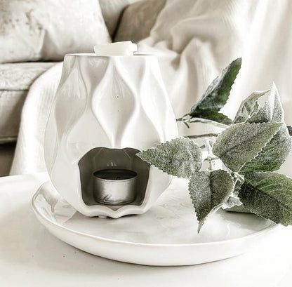 Nico Ceramic Tea Light Wax Melt Burner in gloss white: chic and timeless home accent. - Hideaway Home Fragrances