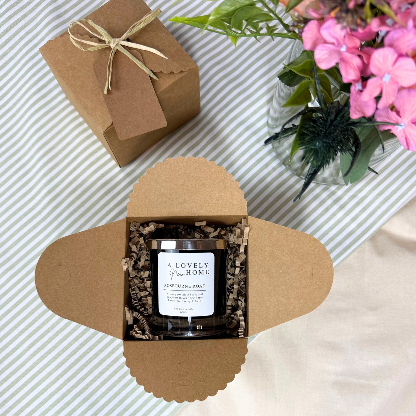 Luxury personalised candle to mark a new home milestone with heartfelt message – Hideaway Home Fragrances