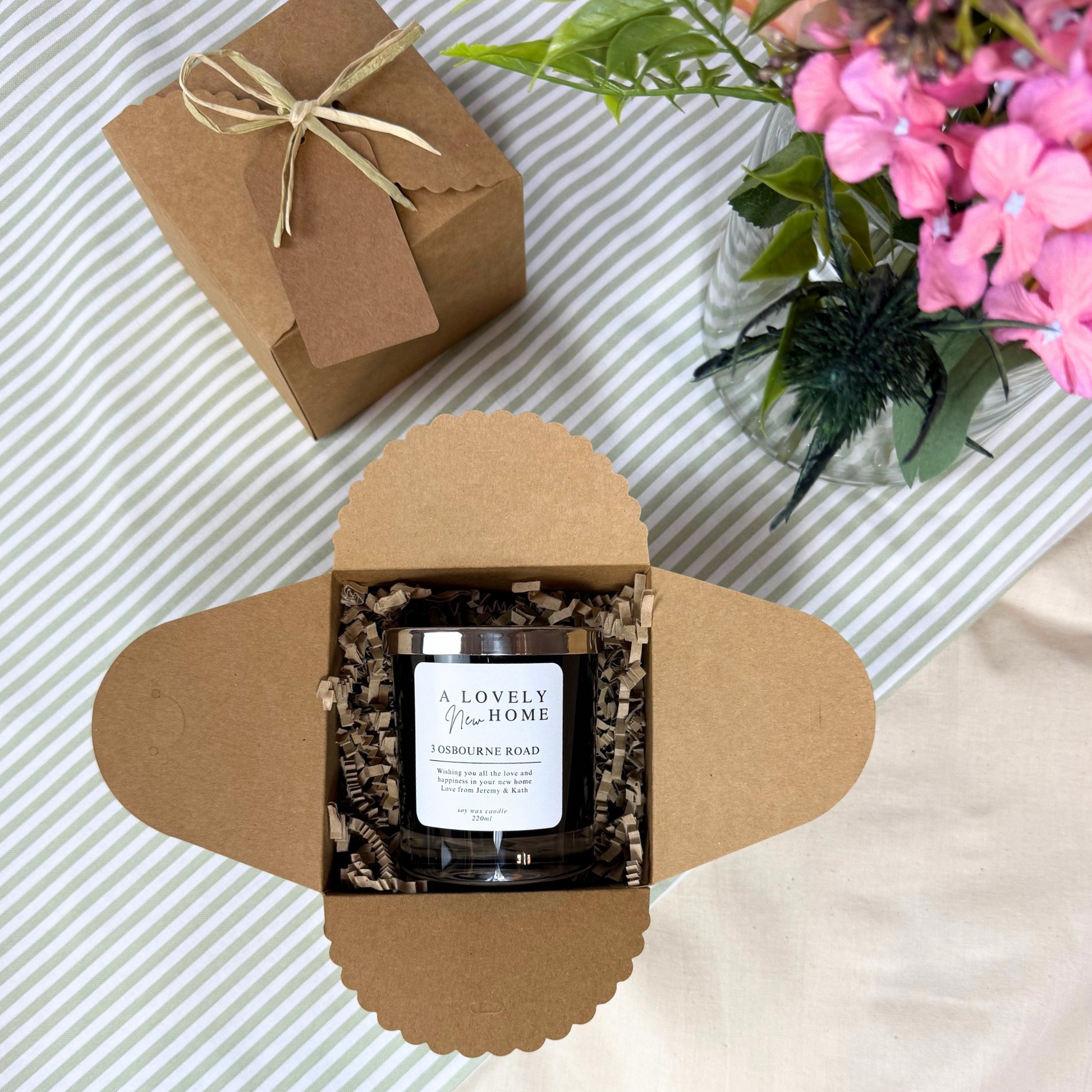 Luxury personalised candle to mark a new home milestone with heartfelt message – Hideaway Home Fragrances