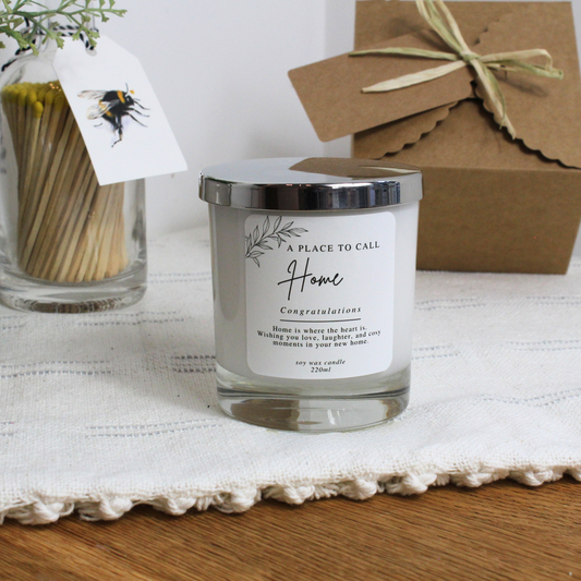 Personalised housewarming candle with ‘A Place to Call Home’ message – Hideaway Home Fragrances